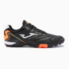 Joma Maxima Adult Turf Soccer Shoes in black with orange accents and specialized stud pattern for superior traction.