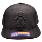 Fan Ink Officially Licensed Real Madrid Premium Fitted Hat with black design and 3D team logo embroidery.